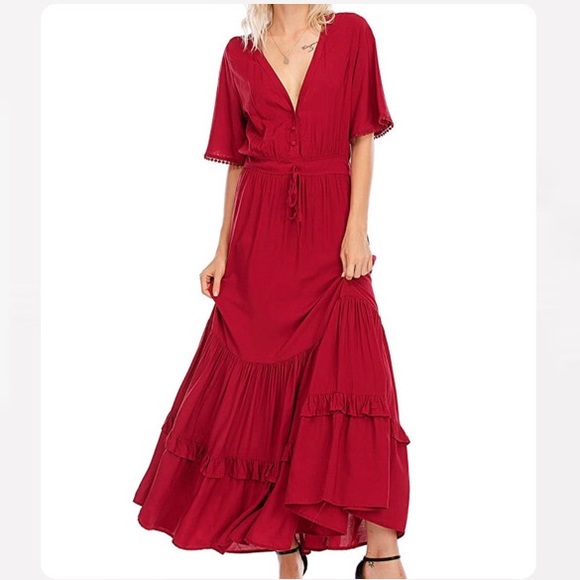 Short Sleeve V Neck Casual Bohemian Maxi Dress - Picture 1 of 8